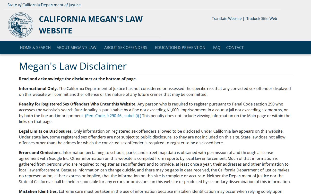 Costa Mesa people search California DOJ Megan's Law registry limits