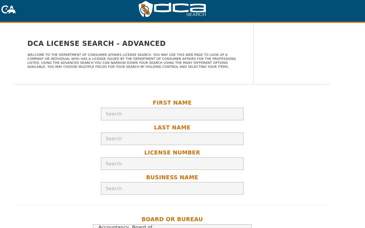 Costa Mesa people search California DCA license search