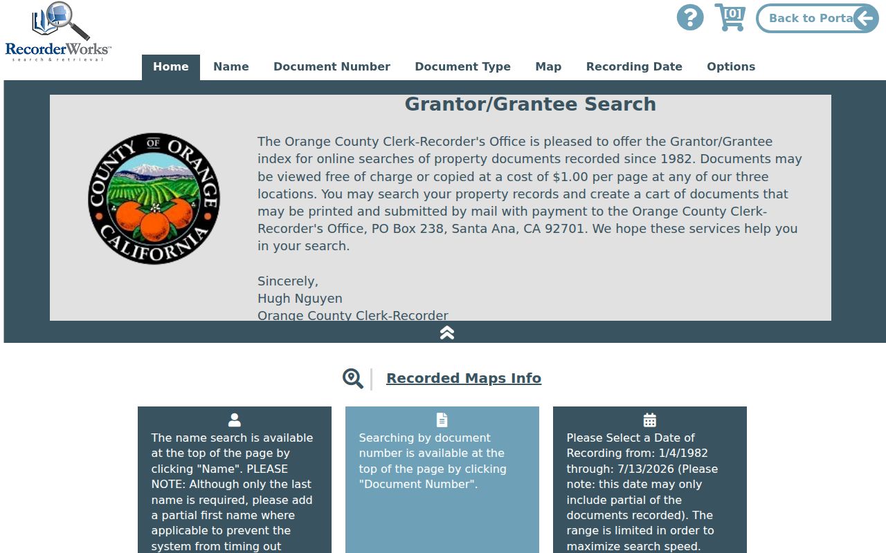 Costa Mesa people search RecorderWorks grantor grantee index