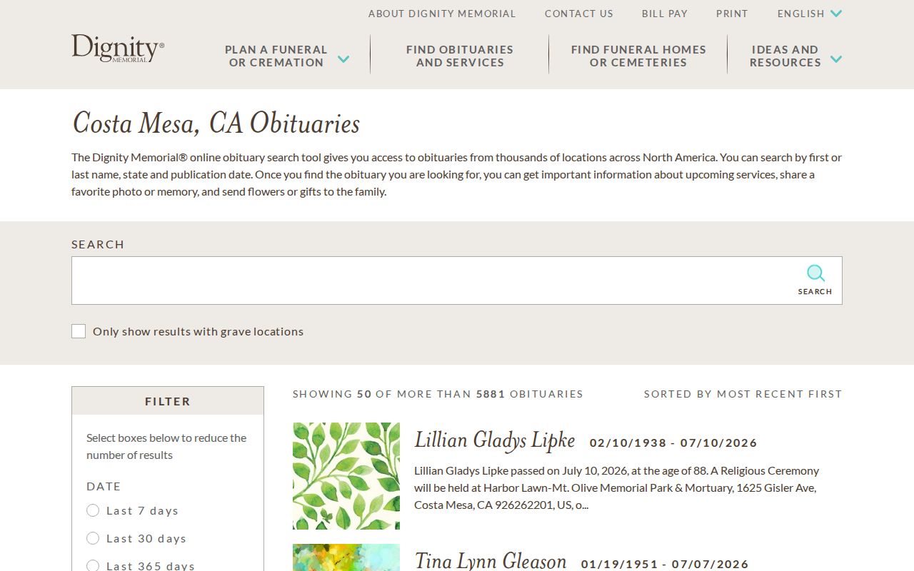 Costa Mesa people directories obituary search for decedent research