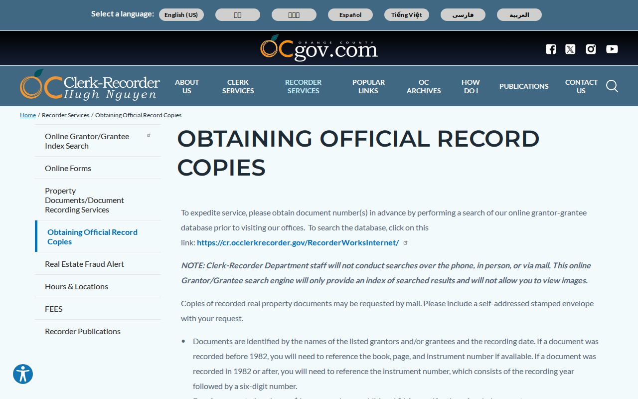 Costa Mesa public records Orange County official record copy instructions