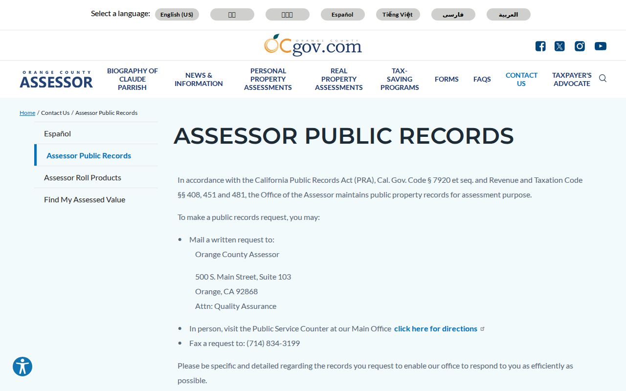 Costa Mesa public records Orange County Assessor records request page