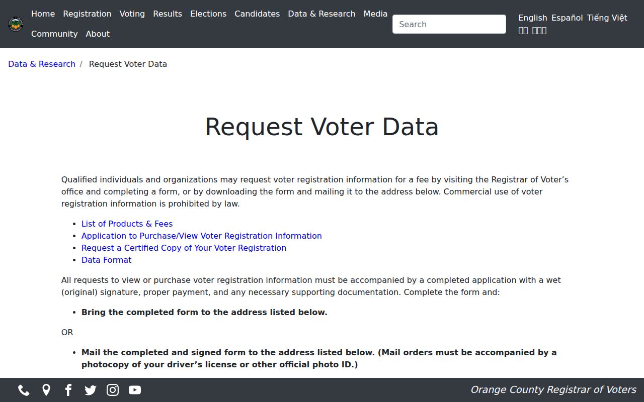 Costa Mesa voter registration records Orange County voter data request