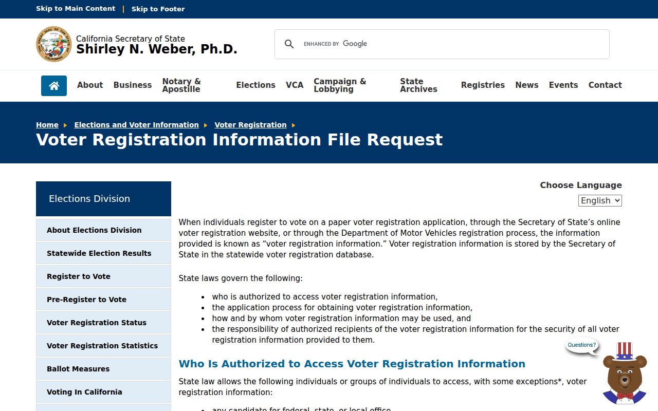 Costa Mesa voter registration records California SOS voter file request